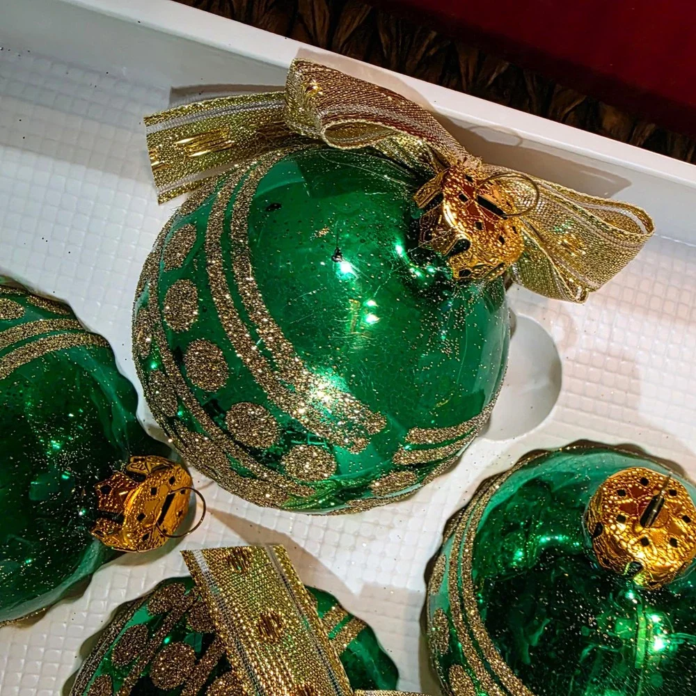 Vtg‎ Rauch Glass Christmas Ornaments Lot 8 Green Gold Glitter Bows Victoria USA